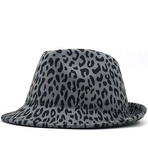 Classic grey leopard print wool fedora hat with a stylish flat brim for men and women