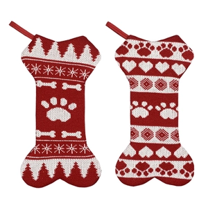 Plaid knitted bone-shaped Christmas stockings with snowflake patterns on white background