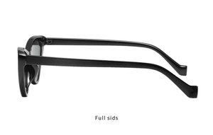 Side view of trendy black cat-eye sunglasses featuring ergonomic wide temples and metal hinges