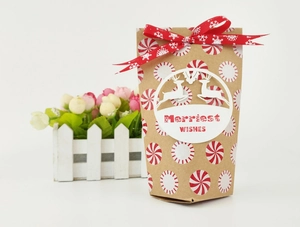Détail du sac cadeau de Noël en papier Kraft avec étiquette renne et nœud rouge