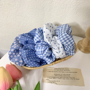 Chouchous En Tissu À Fleurs Pois Gingham Bleu Style Français Doux Élastiques Pour Femmes Filles Accessoire Quotidien