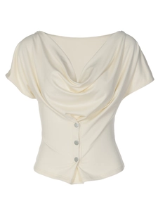 Slim fit ivory cowl neck short sleeve top with button detail for women