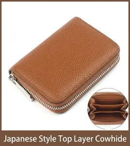 Detail of brown litchi leather wallet showing multi-slot interior and silver zipper
