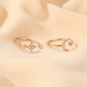 Minimalist gold star and moon open adjustable rings featuring sparkling cubic zirconia