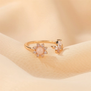Golden opal sunflower and butterfly open ring with sparkling crystals for women