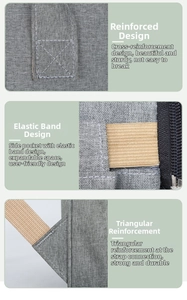 Detail of reinforced handles, elastic side pockets and triangular stitching on gray baby bag