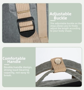 Detail of baby bag with adjustable plastic buckles and reinforced double handles