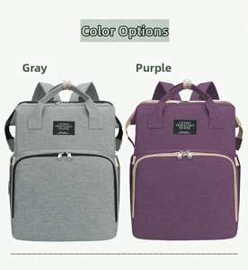 Close-up of multifunctional foldable baby crib backpack in grey and purple color options