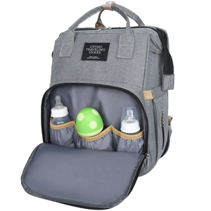 Large gray diaper bag backpack with insulated bottle pockets and multifunctional storage