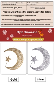 Detail of metal star and moon ornaments with glitter finish for Christmas decor