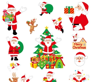 Flat lay of colorful Christmas static window clings featuring Santa, reindeer and snowmen
