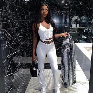 Women's Sexy Solid Cotton Backless Lace Up Top And High Waist Long Pants Matching Casual Two Piece Set