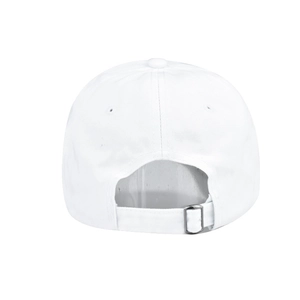 Vue arrière de la casquette en coton blanc avec sangle réglable et boucle métallique