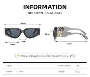 Detailed size chart for square cat eye sunglasses with measurements and technical specs
