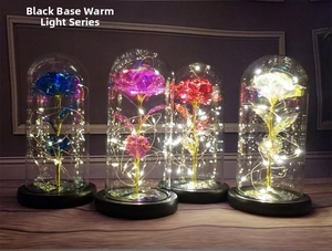 Detail of colorful galaxy roses in glass domes with warm LED lights and black base