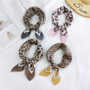 Leopard print cotton linen small square scarf set in four colors for women's fashion