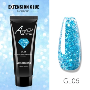 Detail of GL06 sky blue glitter nail extension gel in a 15ml tube and color swatch