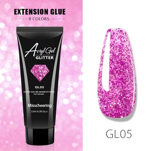 Macro shot of Misscheering GL05 pink glitter nail extension gel with 15ml tube packaging