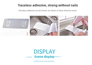 Adhesive hooks showing easy wash and reuse process for bathroom and kitchen shelves