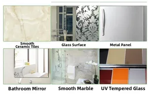 Adhesive shelf installation guide for tile, glass, metal, marble, and mirror surfaces