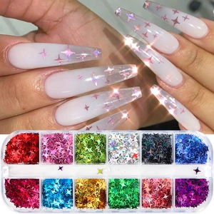 Detailed view of 12-color holographic star nail glitter sequins in a storage box