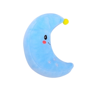 Soft light blue moon plush toy with embroidered facial expressions and star patterns