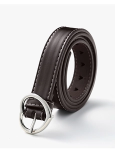 Detail of dark brown leather belt with silver heart buckle and white contrast stitching