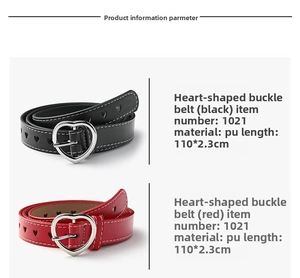 Detail of trendy PU leather belts with heart-shaped buckle and hollow-out heart patterns