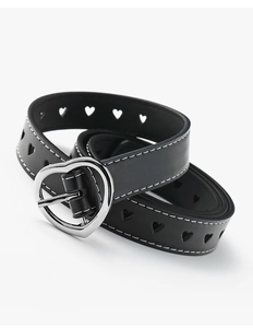 Close-up of black leather belt featuring silver heart buckle and heart-shaped cutouts