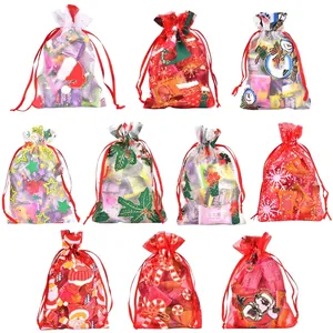 Organza Drawstring Bags Christmas Bronzing Pattern Gift Jewelry Packaging Pouches Transparent Holiday Candy Treat Bags