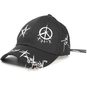 Streetwear baseball cap with white star graffiti and decorative metal rings on the brim