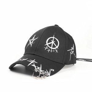 Detail of hip hop baseball cap with metal rings and decorative fashion ribbons