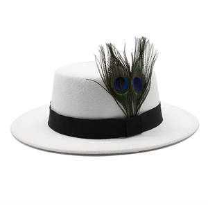 Classic white wool felt boater hat with black ribbon and natural peacock feather accent
