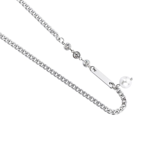 Titanium Steel Cuban Chain Necklace With Artificial Pearl And Rectangle Pendant Rhinestone Inset Mix Match Jewelry For Men Women