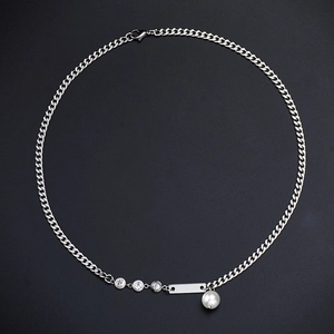 Silver Cuban chain necklace with white pearl, zircon accents and rectangular pendant charm