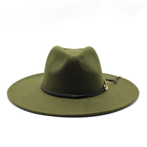 Olive green wide brim wool felt jazz fedora hat with black band and gold buckle