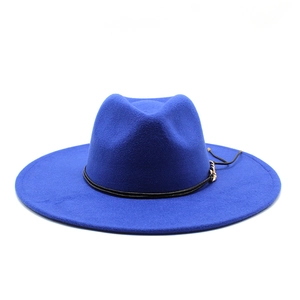 Classic blue wool felt fedora hat with wide brim and decorative black leather gold buckle belt