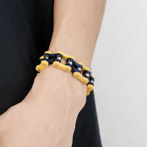 Men's titanium steel bicycle chain bracelet with unique yellow and blue dual-tone finish