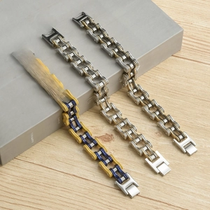 Men's stainless steel bicycle chain bracelets in blue-gold and silver-gold finishes
