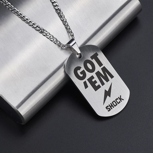 Brushed stainless steel dog tag necklace with GOT 'EM and lightning bolt engraving