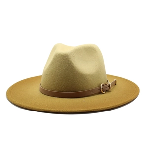 Classic mustard yellow wool felt jazz fedora hat with brown leather buckle belt