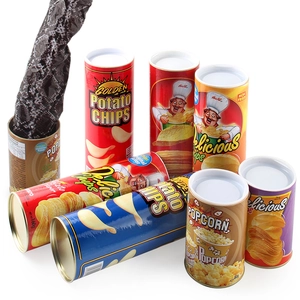 Funny spring-loaded fake snake jumping out of a realistic potato chip can prank toy