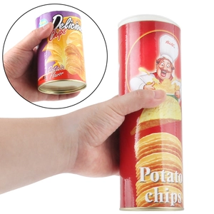 Funny spring-loaded snake prank toy hidden inside a realistic potato chip container