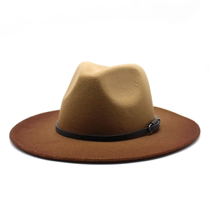 Stylish two-tone wool fedora hat in camel and brown with a black leather buckle band