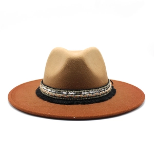 Ethnic style two-tone fedora with wide brim and tassel band for men and women