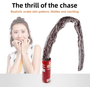 Detail of prank potato chip can with pop-out spring snake featuring realistic snakeskin texture