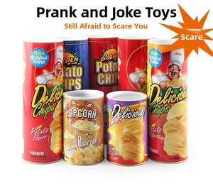 Variety pack of realistic prank potato chip cans and popcorn buckets in vibrant colors