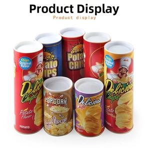 Detailed view of colorful potato chip cans for prank snake surprise toy set