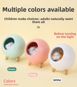 Detailed view of white pink and green pet house night lights with cat plush inside