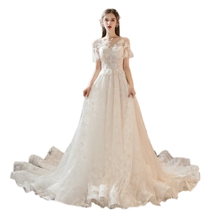 French lace wedding dress with floral embroidery, round neck, short sleeves and long train